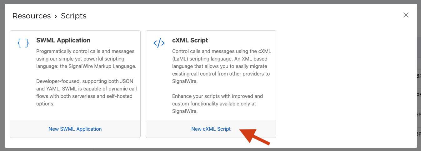 Script resource selector with cXML highlighted.