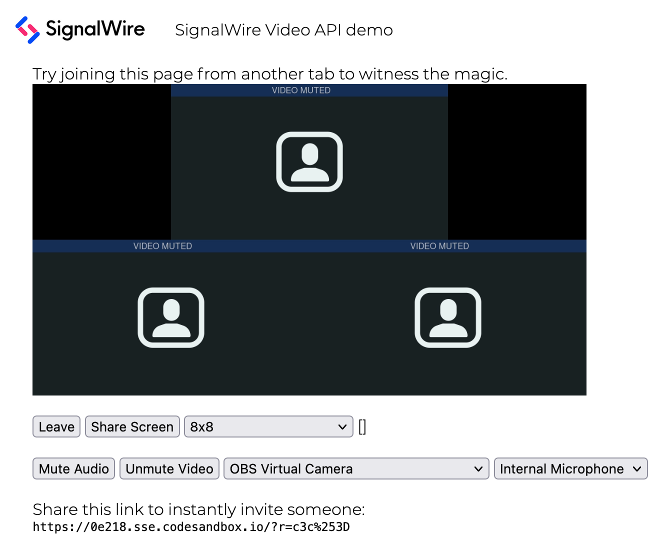 A screenshot of a SignalWire video call with three participants. The buttons beneath the video allow the user to do the following actions: Leave the call, Share Screen, change video grid, Mute or Unmute Audio and Video, and change the camera and microphone.